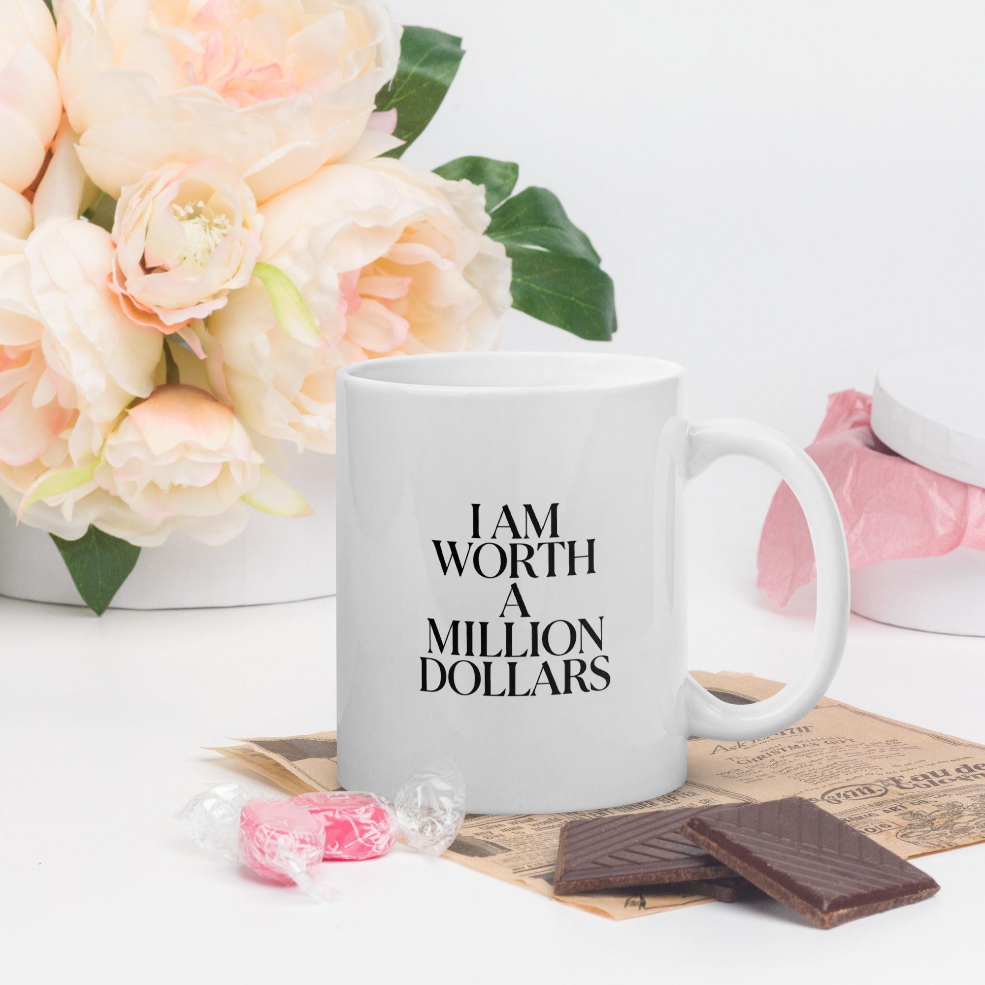 I AM WORTH A MILLION DOLLARS White glossed mug - The Million Dollar Bill Co.