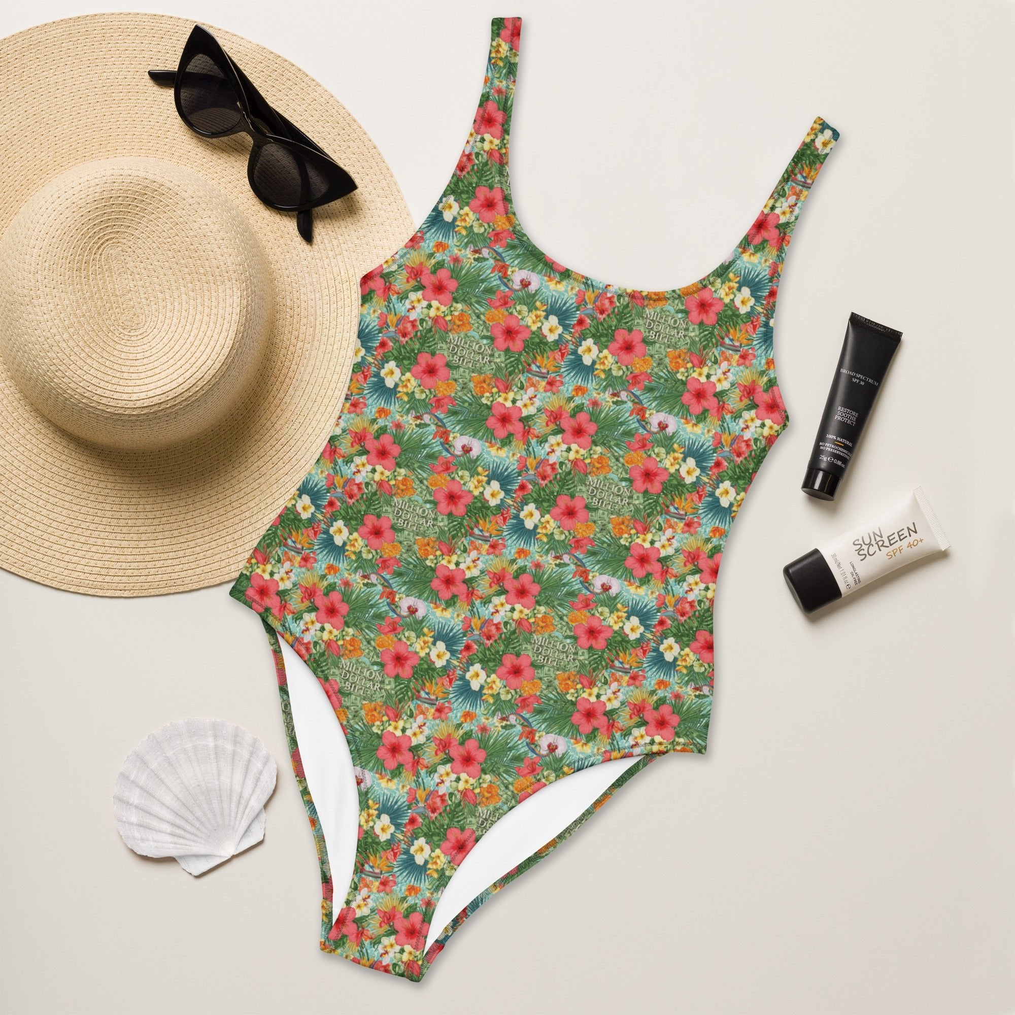 MDB Co. FLORAL BILLS ALL - OVER One - Piece Swimsuit - The Million Dollar Bill Co.