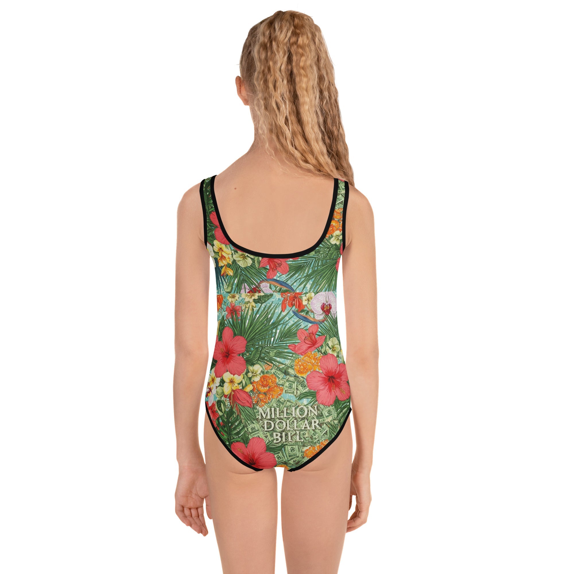 MDB Co. FLORAL BILLS All-Over Print Kids Swimsuit (BLACK STITCH) - The Million Dollar Bill Co. CUT-SEW bills black stitch 5