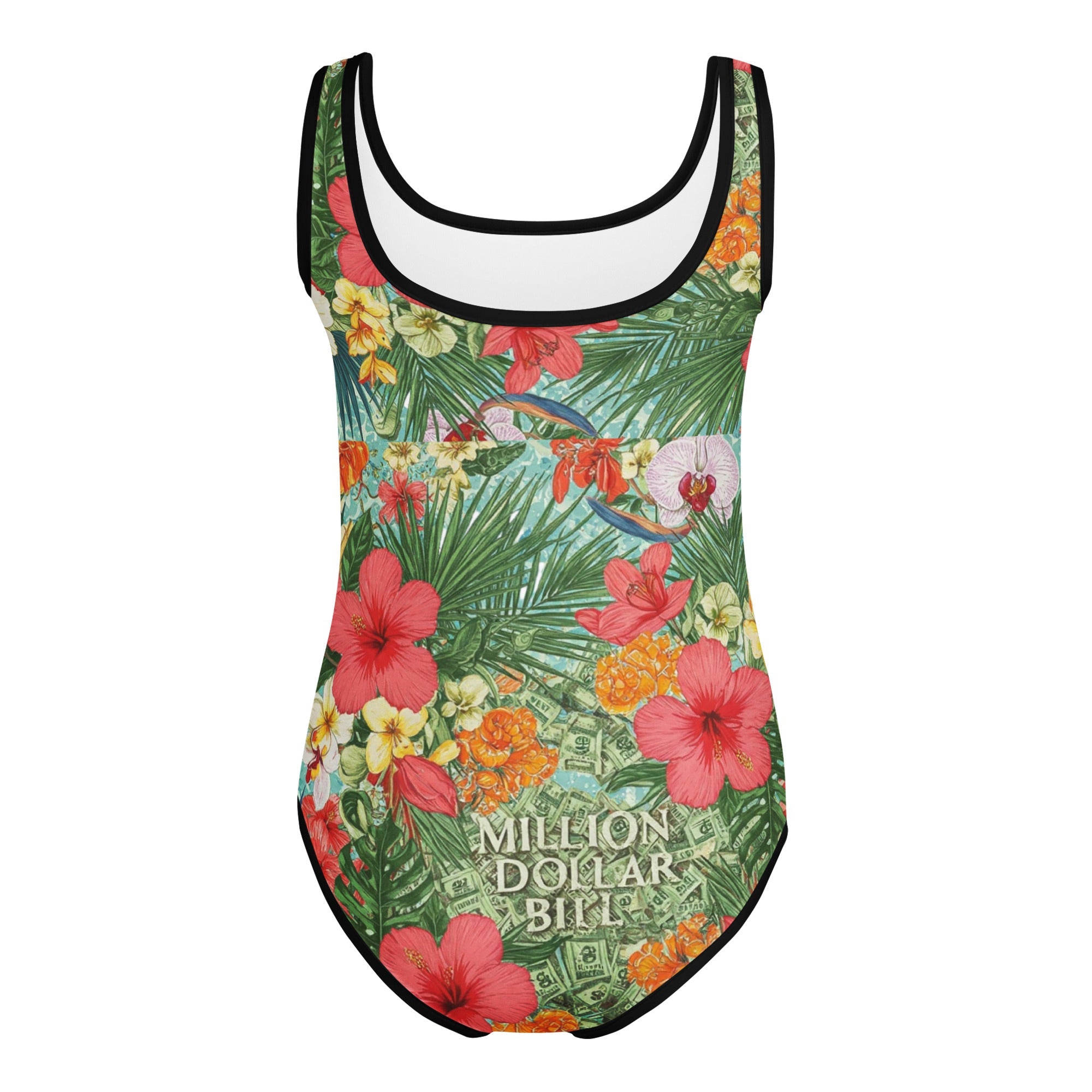MDB Co. FLORAL BILLS All-Over Print Kids Swimsuit (BLACK STITCH) - The Million Dollar Bill Co. CUT-SEW bills black stitch 2