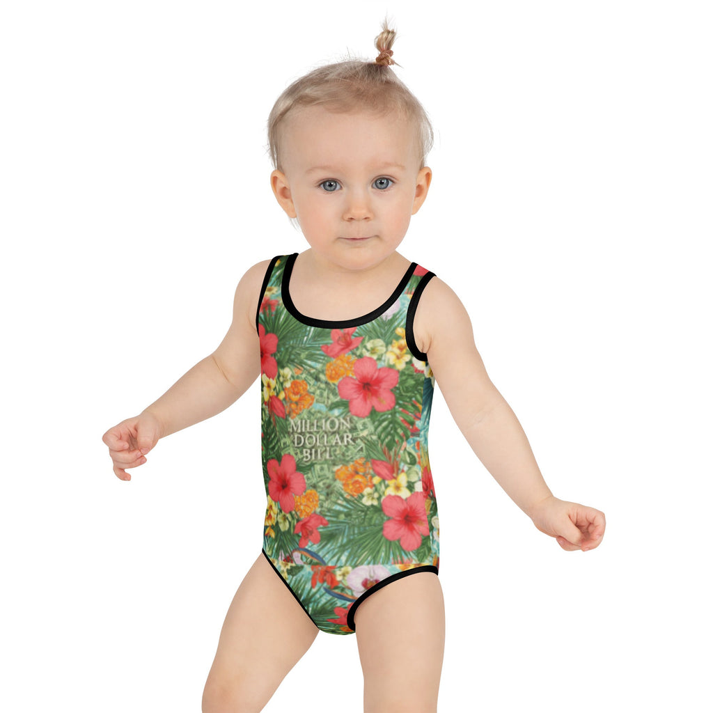 MDB Co. FLORAL BILLS All-Over Print Kids Swimsuit (WHITE STITCH) - The Million Dollar Bill Co. CUT-SEW 2T