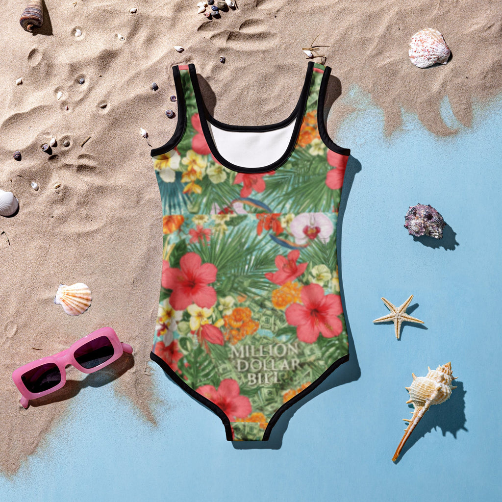 MDB Co. FLORAL BILLS All-Over Print Kids Swimsuit (WHITE STITCH) - The Million Dollar Bill Co. CUT-SEW 2T