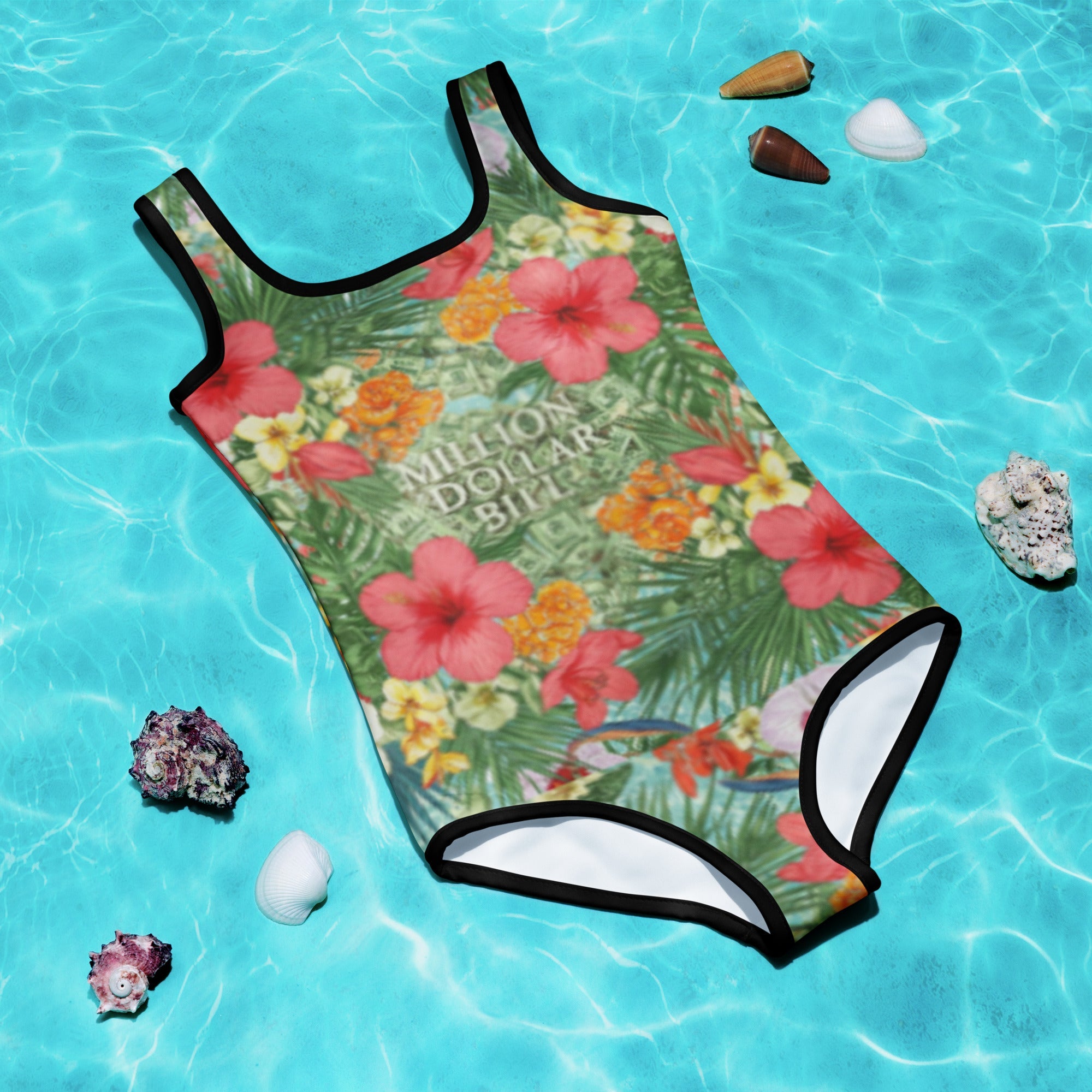 MDB Co. FLORAL BILLS All-Over Print Kids Swimsuit (WHITE STITCH) - The Million Dollar Bill Co. CUT-SEW 2T