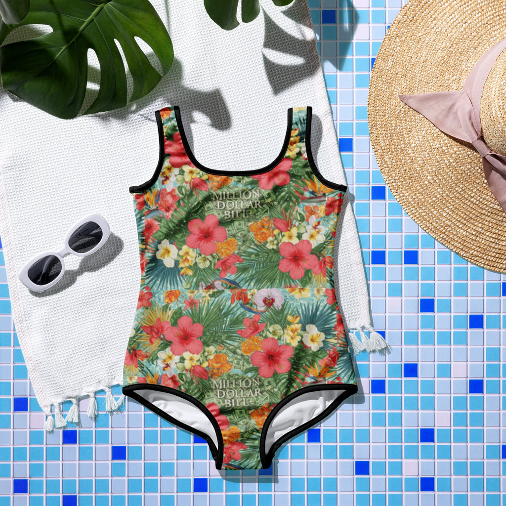MDB Co. FLORAL BILLS All - Over Print Youth Swimsuit (WHITE STITCH) - The Million Dollar Bill Co.