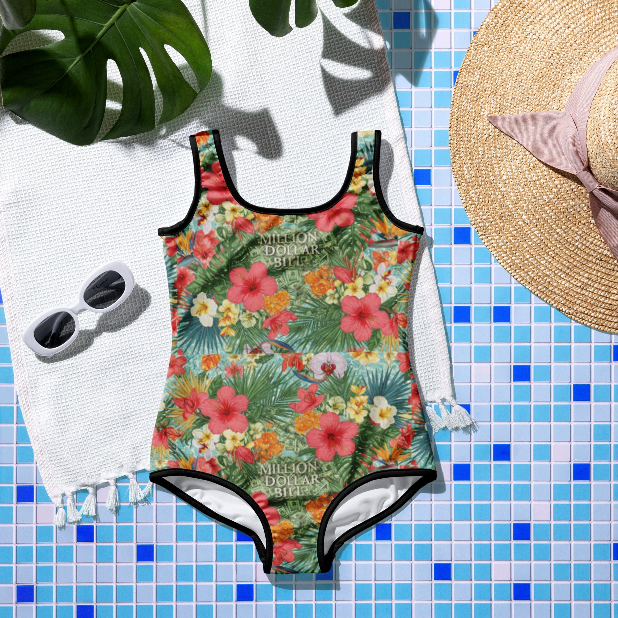 MDB Co. FLORAL BILLS All - Over Print Youth Swimsuit (WHITE STITCH) - The Million Dollar Bill Co.