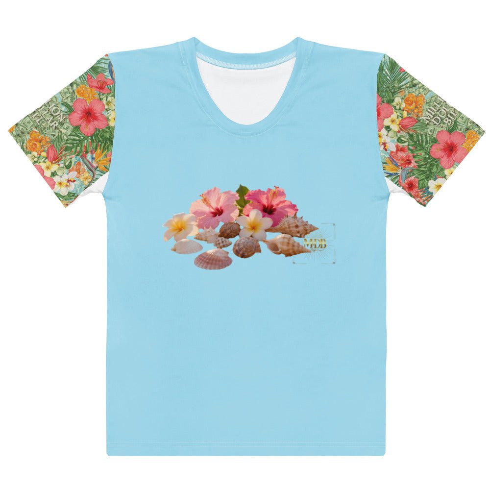 MDB Co. FLORAL BILLS HALF A-O Women’s cotton crew neck t-shirt (COLUMBIA BLUE) - The Million Dollar Bill Co. DIRECT-TO-FABRIC