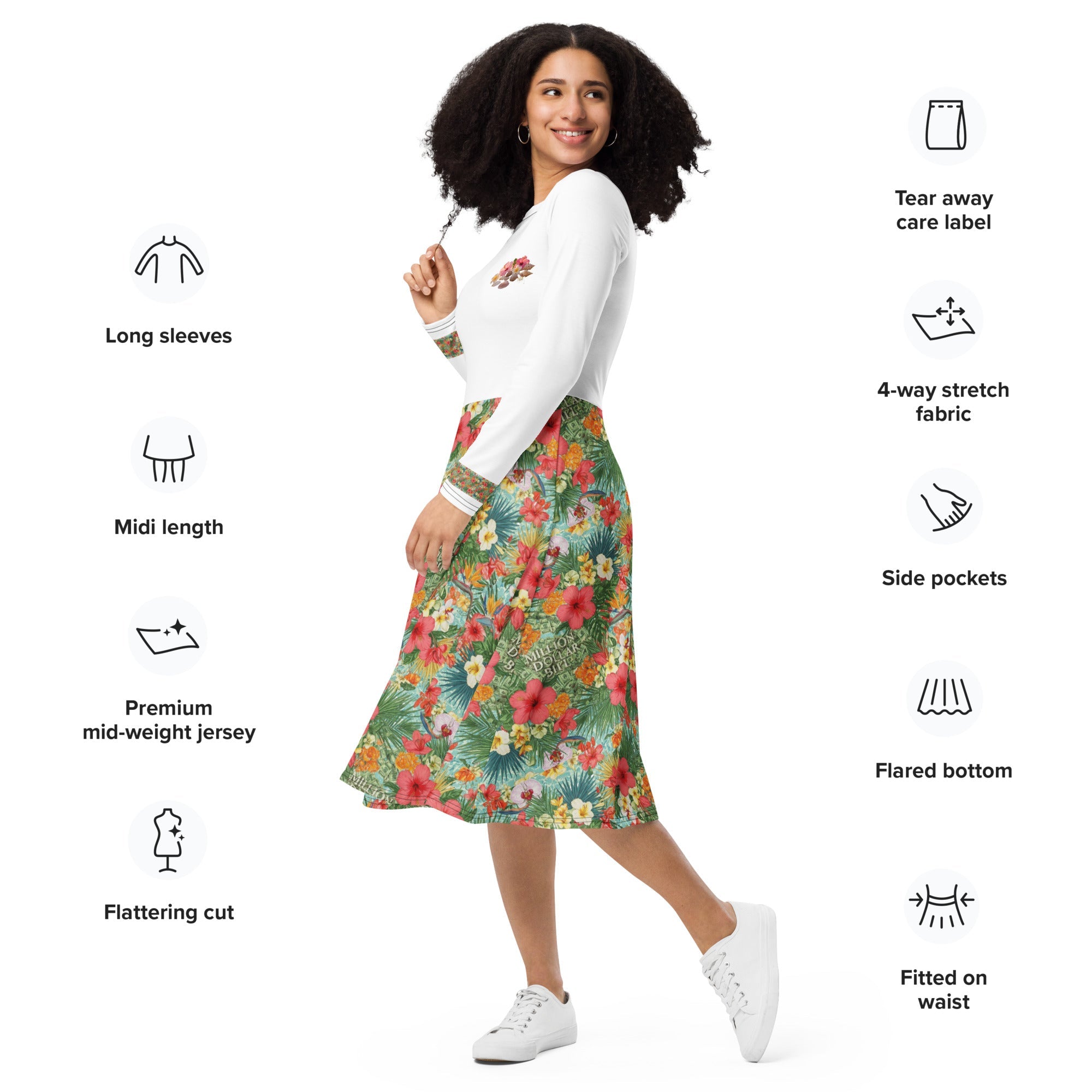 MDB Co. FLORAL BILLS Half All-over print long sleeve midi dress - The Million Dollar Bill Co.